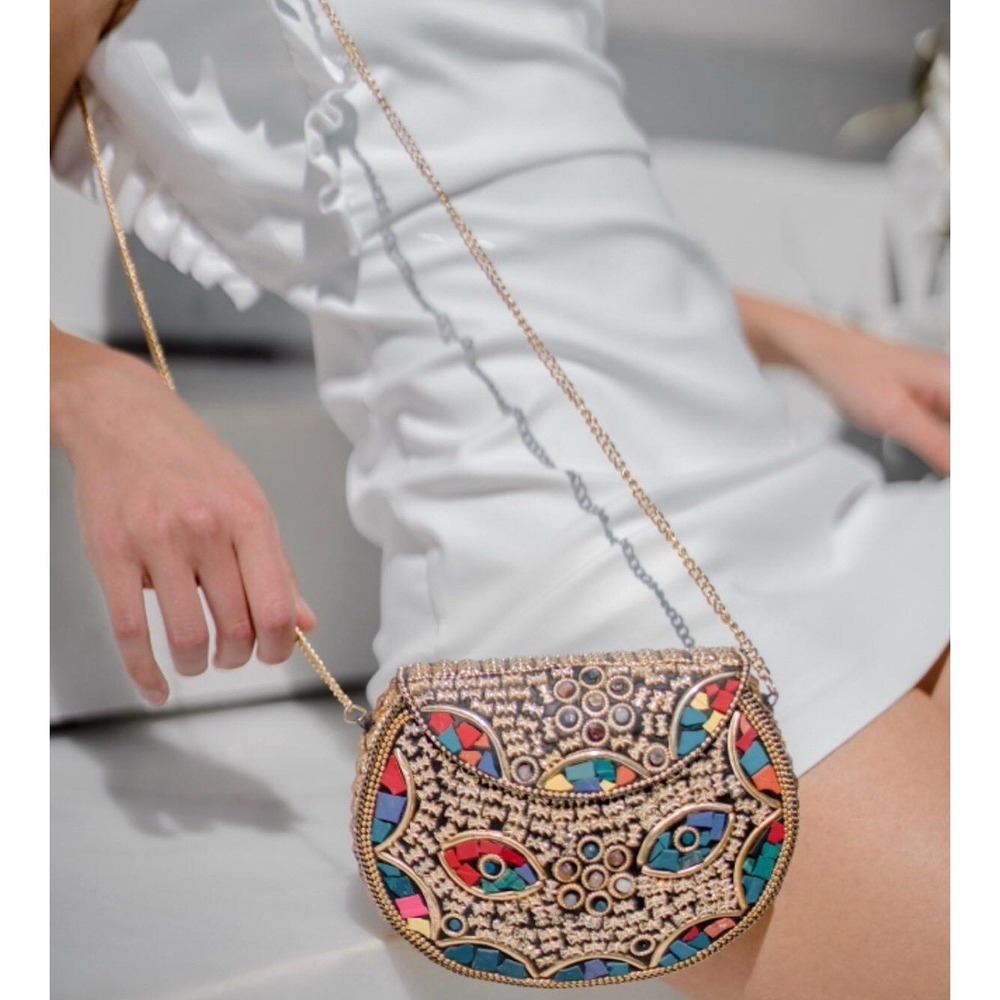 Ramla Rio Clutch Gold Multi Moroccan Mosaic Handmade Crossbody Bag Boho‎ NEW